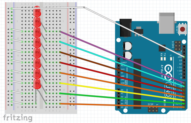 breadboard voorbeeld 8 ledjes